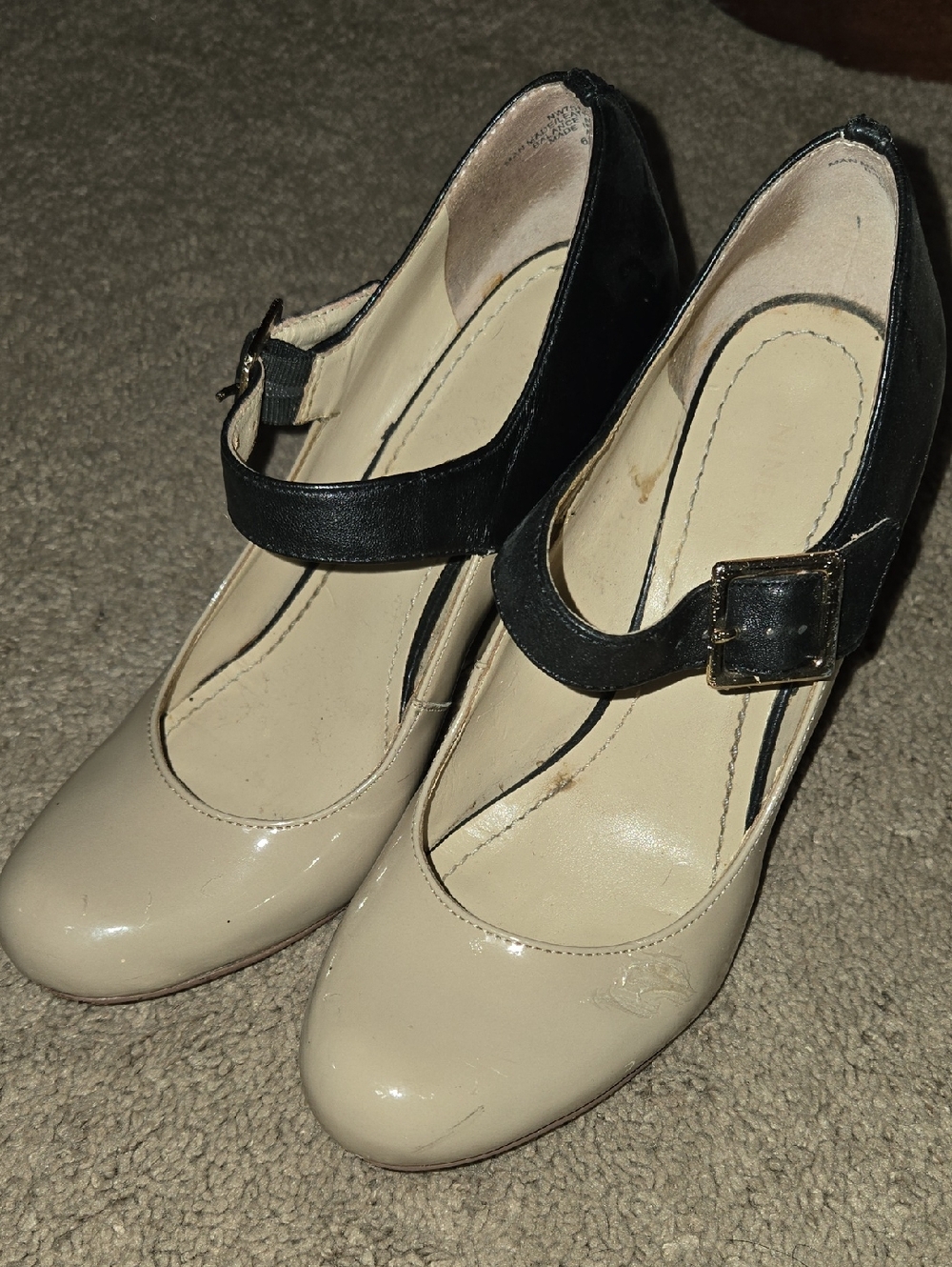 Nine West Beige and Black Mary Jane Wedge Pumps